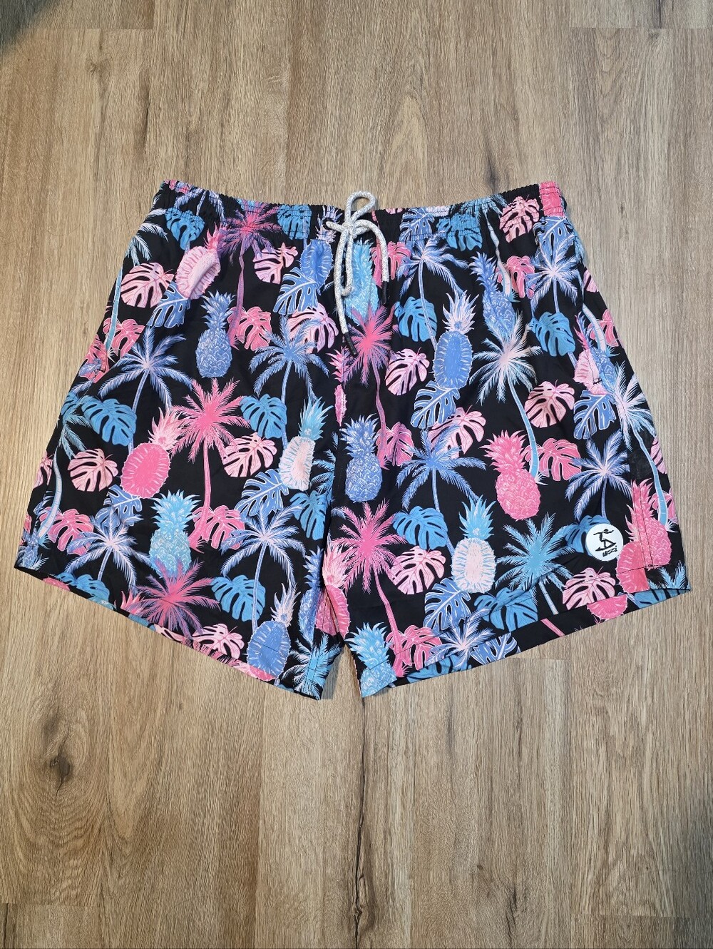 Uzzi Neon Vaporwave Tropical Board Shorts Black Pink Blue Monstera Pineapple XXL